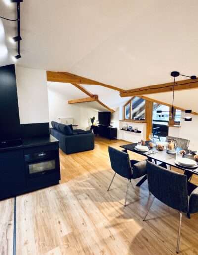 Übersicht der Wohnung mit Küche, Esszimmer und Wohnzimmer