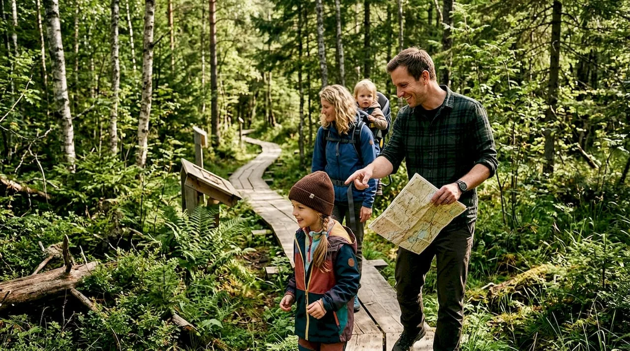 Eine Familie entdeckt gemeinsam den Kinderwanderweg in Inzell