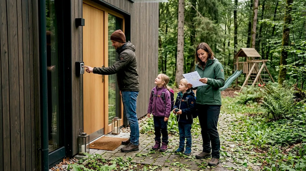 Die Familie öffnet die Schlüsselbox am Eingang zur Ferienwohnung.