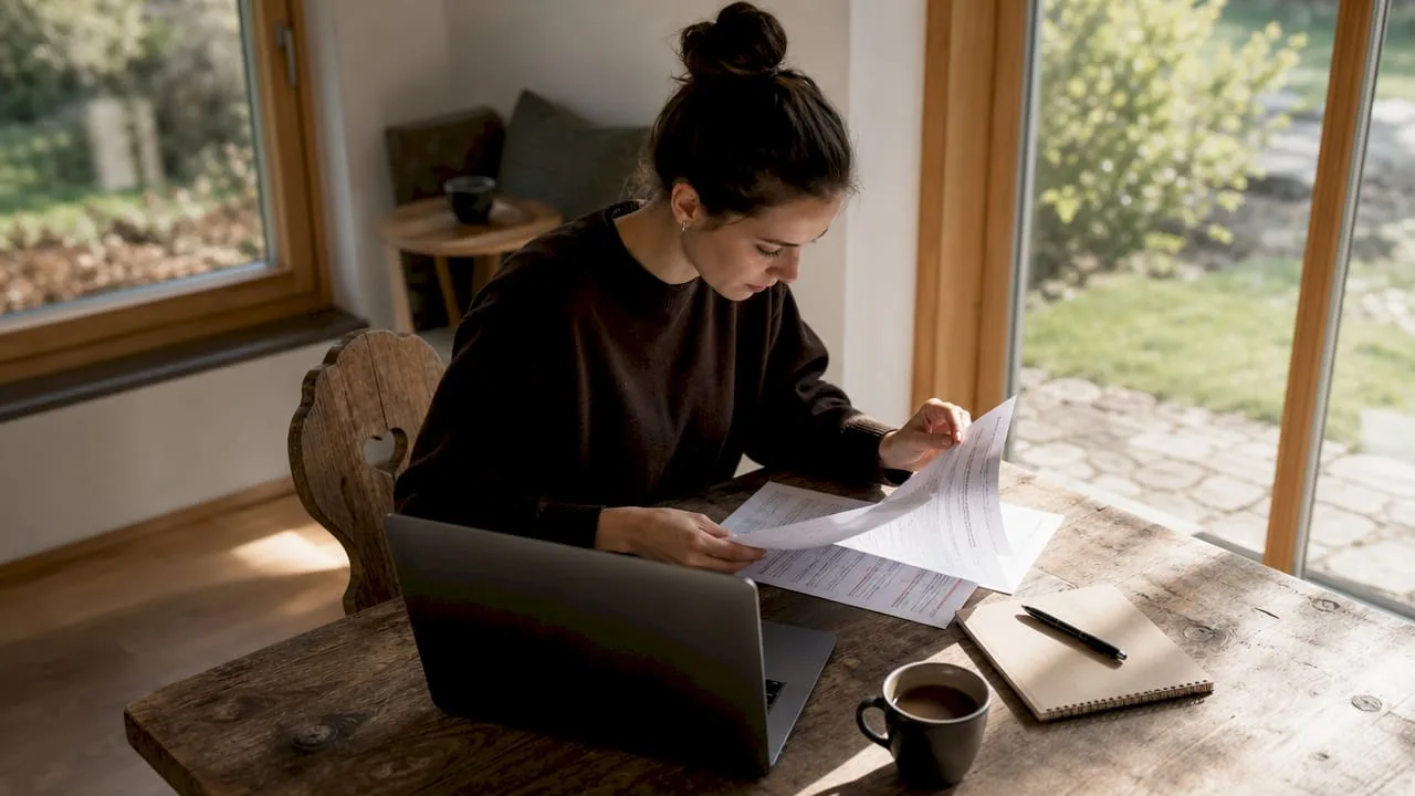 Eine Frau informiert sich über die Kosten für eine Workation in einer Ferienwohnung.