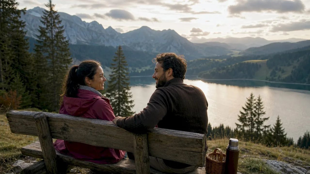 Ein verliebtes Paar genießt die ruhige Morgenstimmung am idyllischen Bergsee und erlebt die Natur ganz intensiv.