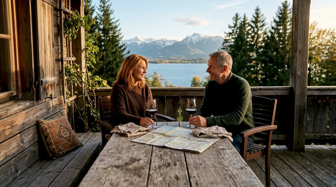 Ein Paar lässt sich von einem traumhaften Panoramablick über den Chiemsee und die Alpen verwöhnen.