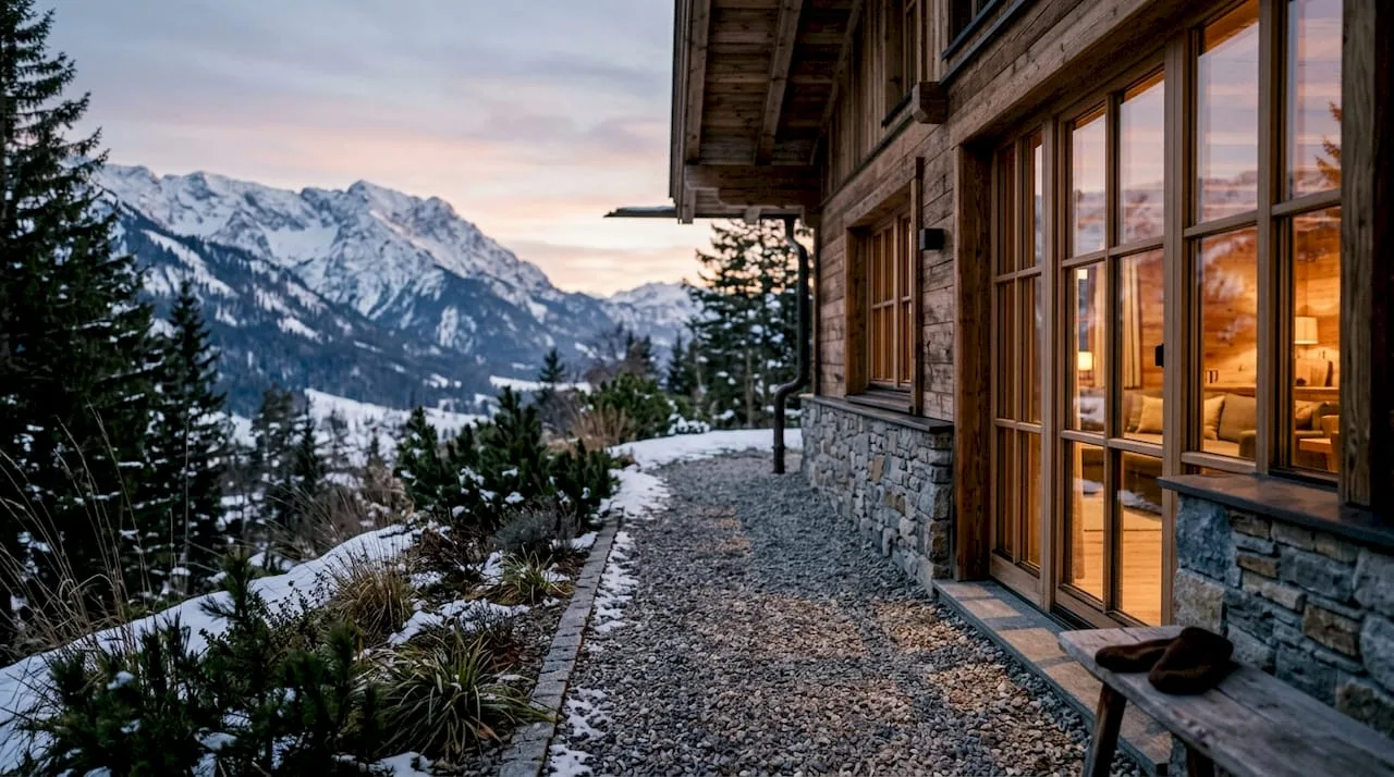 Elegante Außenansicht einer exklusiven Alpenwohnung inmitten der Berge